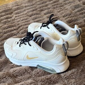 Nike Air Max 200 White Athletic Sneakers with Gold Swoosh and Black Laces